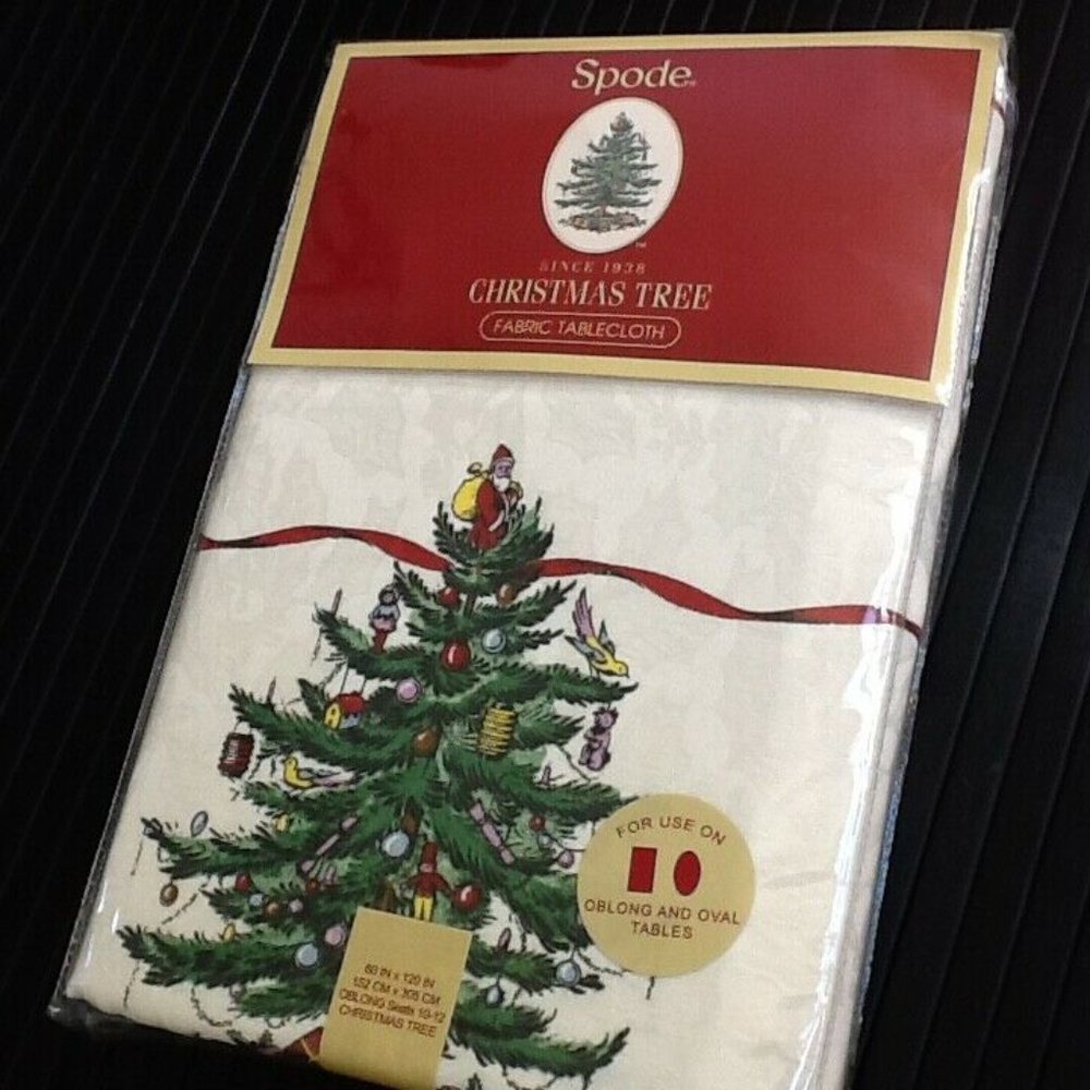 new 60x120" Spode Whimsical Christmas Tree Damask Fabric Tablecloth w/ Red Trim